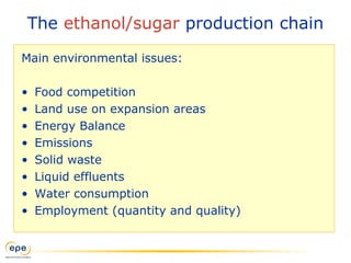 The ethanol/sugar production chain
Main environmental issues:
• Food competition
• Land use on expansion areas
• Energy Balance
• Emissions
• Solid waste
• Liquid effluents
• Water consumption
• Employment (quantity and quality)
 