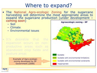 Where to expand?
• The National Agro-ecologic Zoning for the sugarcane
harvesting will determine the most appropriate areas to
expand the sugarcane production (under development –
coming soon)
– Soil
– Climate
– Environmental issues
• It’s desirable that the
expansion occurs on non-
productive areas such as
abandoned crop fields and
pasture areas Suitable
Suitable with environmental limitations
Suitable with environmental constraints
inappropriate
Agroecologic zoning - SP
Example of Agro-ecologic
zoning developed by SP
Government (2008)
 