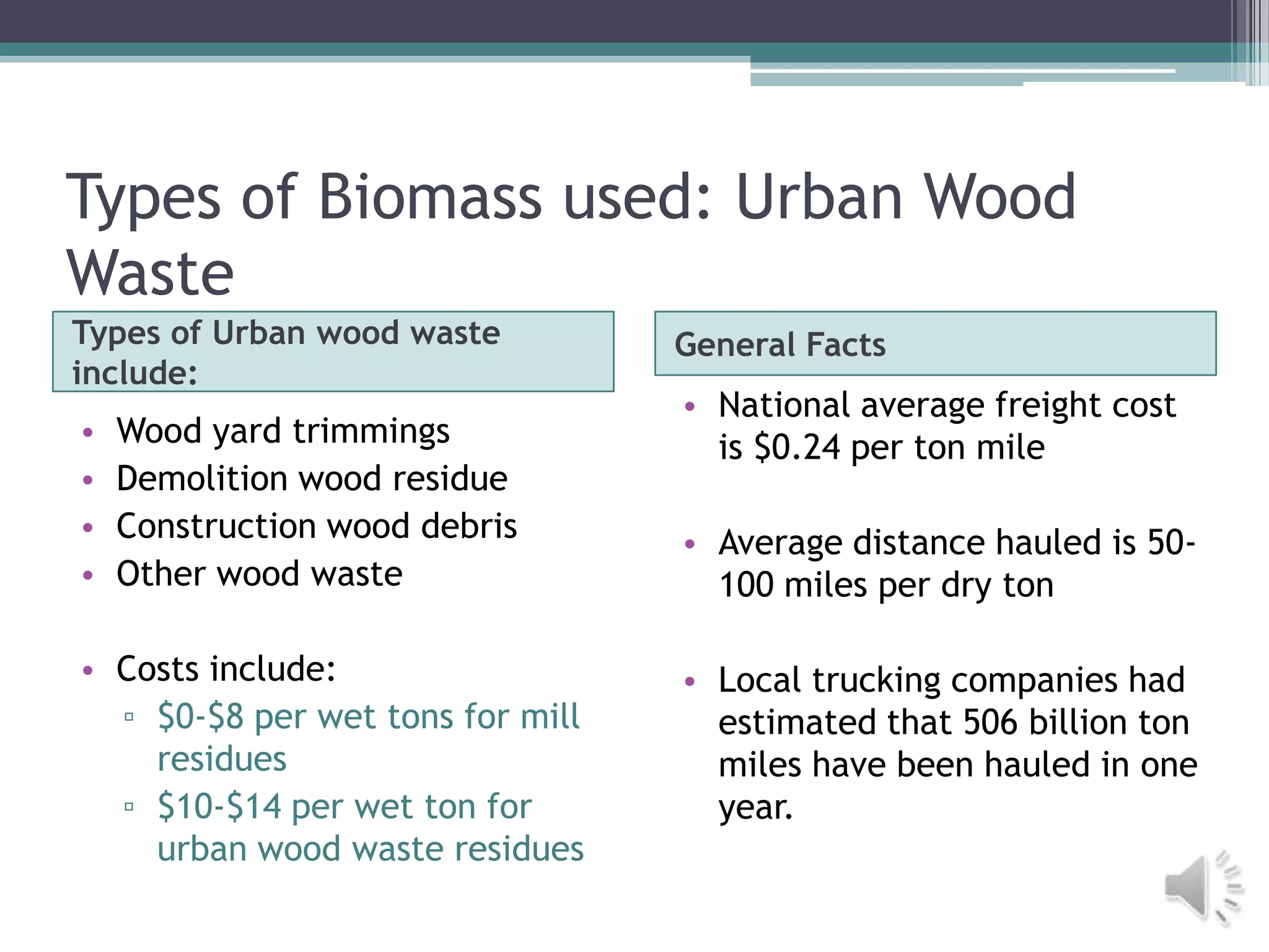 Types of Biomass used: Urban Wood
Waste
Types of Urban wood waste         General Facts
include:
                                  • National average freight cost
•   Wood yard trimmings             is $0.24 per ton mile
•   Demolition wood residue
•   Construction wood debris      • Average distance hauled is 50-
•   Other wood waste                100 miles per dry ton

• Costs include:                  • Local trucking companies had
  ▫ $0-$8 per wet tons for mill     estimated that 506 billion ton
    residues                        miles have been hauled in one
  ▫ $10-$14 per wet ton for         year.
    urban wood waste residues
 