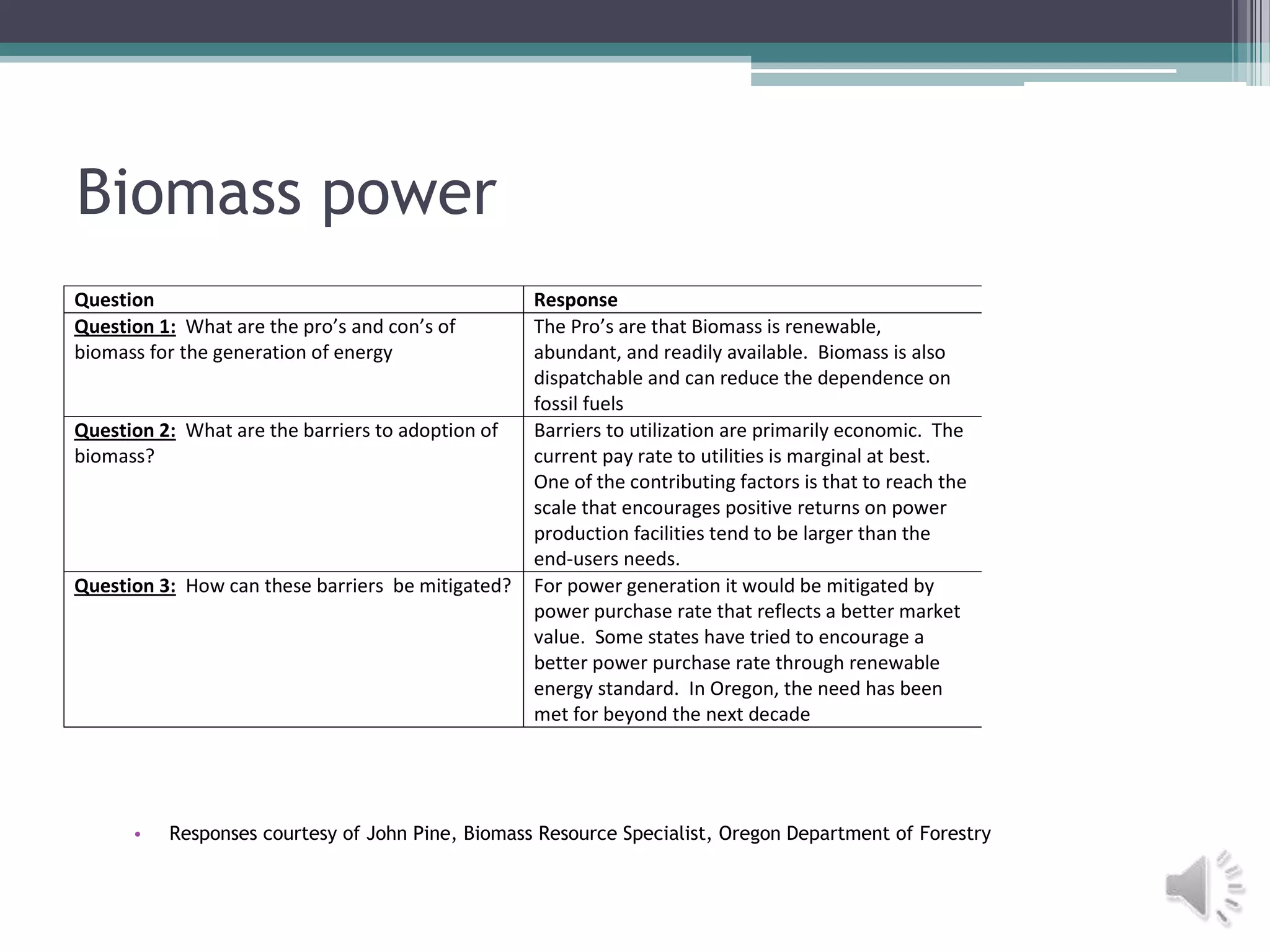 Biomass power
Question                                           Response
Question 1: What are the pro’s and con’s of        The Pro’s are that Biomass is renewable,
biomass for the generation of energy               abundant, and readily available. Biomass is also
                                                   dispatchable and can reduce the dependence on
                                                   fossil fuels
Question 2: What are the barriers to adoption of   Barriers to utilization are primarily economic. The
biomass?                                           current pay rate to utilities is marginal at best.
                                                   One of the contributing factors is that to reach the
                                                   scale that encourages positive returns on power
                                                   production facilities tend to be larger than the
                                                   end-users needs.
Question 3: How can these barriers be mitigated?   For power generation it would be mitigated by
                                                   power purchase rate that reflects a better market
                                                   value. Some states have tried to encourage a
                                                   better power purchase rate through renewable
                                                   energy standard. In Oregon, the need has been
                                                   met for beyond the next decade




      •   Responses courtesy of John Pine, Biomass Resource Specialist, Oregon Department of Forestry
 