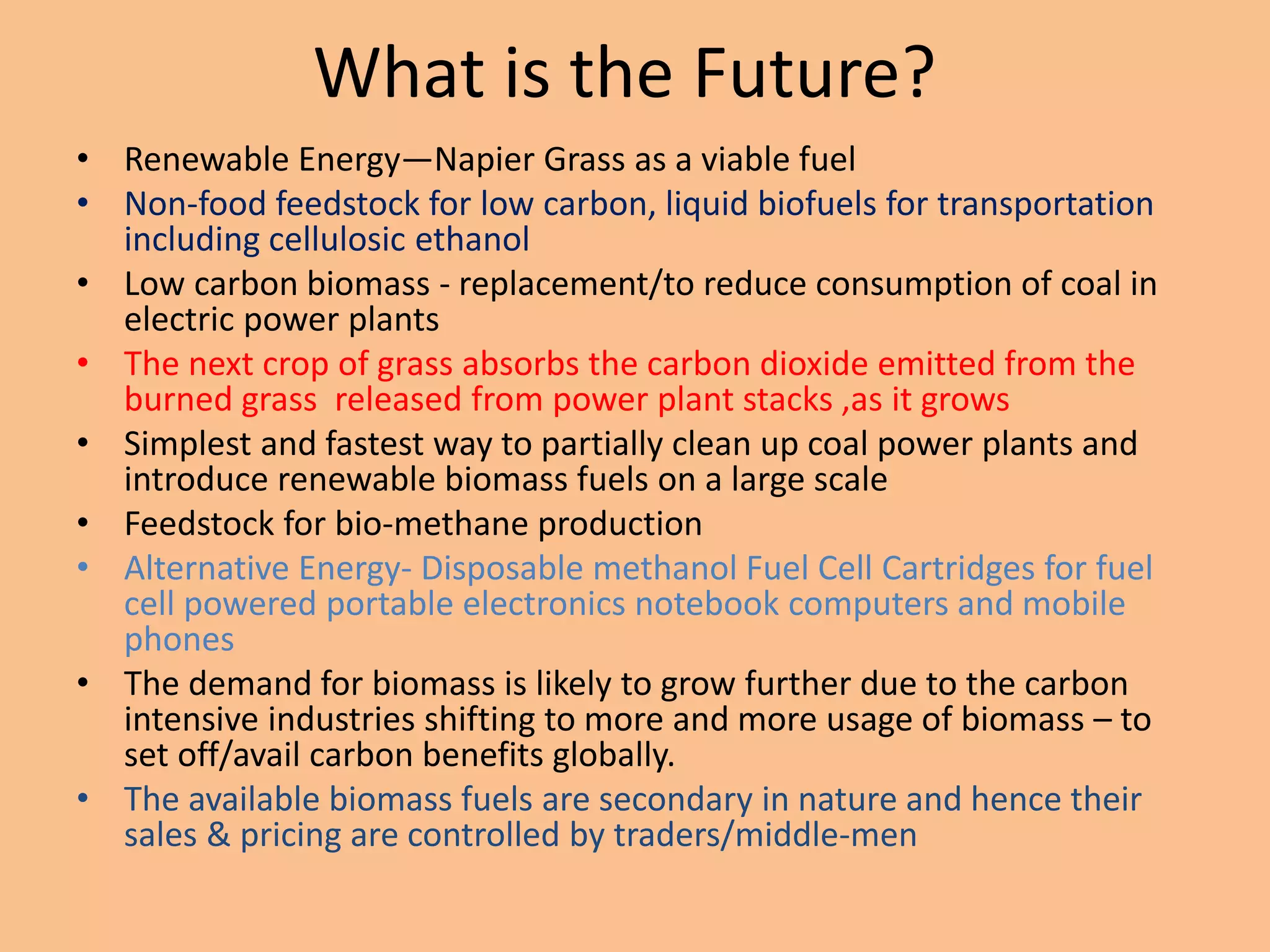 What is the Future?
• Renewable Energy—Napier Grass as a viable fuel
• Non-food feedstock for low carbon, liquid biofuels for transportation
  including cellulosic ethanol
• Low carbon biomass - replacement/to reduce consumption of coal in
  electric power plants
• The next crop of grass absorbs the carbon dioxide emitted from the
  burned grass released from power plant stacks ,as it grows
• Simplest and fastest way to partially clean up coal power plants and
  introduce renewable biomass fuels on a large scale
• Feedstock for bio-methane production
• Alternative Energy- Disposable methanol Fuel Cell Cartridges for fuel
  cell powered portable electronics notebook computers and mobile
  phones
• The demand for biomass is likely to grow further due to the carbon
  intensive industries shifting to more and more usage of biomass – to
  set off/avail carbon benefits globally.
• The available biomass fuels are secondary in nature and hence their
  sales & pricing are controlled by traders/middle-men
 