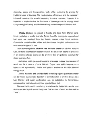 electricity, gases and transportation fuels whilst continuing to provide for
traditional uses of biomass. The modernisation of biomass and the necessary
industrial investment is already happening in many countries. However, it is
important to emphasise that the future use of bioenergy must be strongly linked
to high energy efficiency, and environmentally sustainable production and use.

Woody biomass is product of forestry and trees from different agroforestry activities of smaller intensity. Timber (used for commercial purpose) and
fuel wood are obtained from the forests besides minor forest produce.
Commercial plantations like rubber and plants/trees that yield hydrocarbon can
be a source of byproduct fuel.
Non -edible vegetable oils from tree borne oil seeds can be used as liquid
fuels. By trans-esterification reaction between the oil and an alcohol in presence
of an alkaline catalyst, esters can be produced that are potential substitute for
diesel as engine fuel.
Agriculture yields by annual harvest a large crop residue biomass part of
which can be a source of rural biofuels. Sugar cane yields bagasse as a
byproduct of agro-industry. Plants that grow in wastelands are also potential
energy crops.
Animal manures and wastewaters containing organic putrefiable matter
can be treated by anaerobic digestion or biomethanation to produce biogas as a
fuel. Starchy and sugar wastewaters can be substrates for fermentation
processes that yield ethanol which is a potential liquid fuel.
Biomass that is used for producing bio-fuel may be divided into woody, nonwoody and wet organic waste categories. The sources of each are indicated in
Table 1.

2

 
