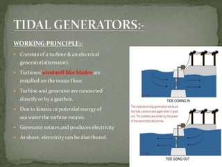 WORKING PRINCIPLE:-
 Consists of a turbine & an electrical
generator(alternator).
 Turbines/windmill like blades are
installed on the ocean floor.
 Turbine and generator are connected
directly or by a gearbox.
 Due to kinetic or potential energy of
sea water the turbine rotates.
 Generator rotates and produces electricity
 At shore, electricity can be distributed.
 