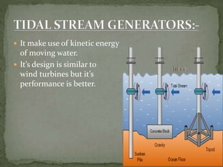  It make use of kinetic energy
of moving water.
 It’s design is similar to
wind turbines but it’s
performance is better.
 