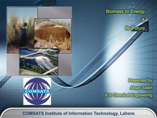 Biomass to Energy
&
Its Future
Presented by
Absar Saleh
B.S Chemical Engineering
COMSATS Institute of Information Technology, Lahore
 