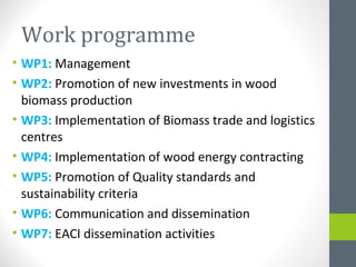 Work programme
• WP1: Management
• WP2: Promotion of new investments in wood
biomass production
• WP3: Implementation of Biomass trade and logistics
centres
• WP4: Implementation of wood energy contracting
• WP5: Promotion of Quality standards and
sustainability criteria
• WP6: Communication and dissemination
• WP7: EACI dissemination activities
 