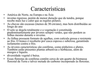 Características América do Norte, na Europa e na Ásia  inverno rigoroso, porém de menor duração que da tundra, porque recebe mais luz e calor que as regiões polares. As chuvas são escassas (menos de 30 cm/ano), mas bem distribuídas ao longo do ano O solo se degela totalmente e a vegetação é constituída predominantemente por árvores sempre verdes, que não perdem as folhas mesmo durante o inverno.  As folhas possuem formato de agulhas, com cutícula grossa e resistente ao frio. O tronco é recoberto por casca espessa e suberosa, garantindo isolamento contra o frio.  As árvores características são coníferas, como pinheiros e abetos. Também estão presentes plantas arbustivas e herbáceas, além de musgos e líquens.  diversidade vegetal é baixa. Essas florestas de coníferas contêm cerca de um quarto da biomassa florestal da Terra e talvez metade do carbono incorporado às florestas.  