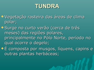 TUNDRATUNDRA
 Vegetação rasteira das áreas de climaVegetação rasteira das áreas de clima
polar;polar;
 Surge no curto verão (cerca de trêsSurge no curto verão (cerca de três
meses) das regiões polares,meses) das regiões polares,
principalmente no Pólo Norte, período noprincipalmente no Pólo Norte, período no
qual ocorre o degelo;qual ocorre o degelo;
 É composta por musgos, líquens, capins eÉ composta por musgos, líquens, capins e
outras plantas herbáceas;outras plantas herbáceas;
 