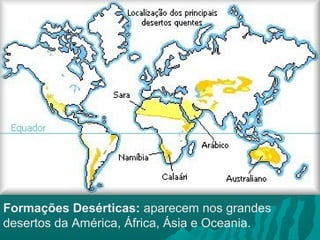 Formações Desérticas: aparecem nos grandes
desertos da América, África, Ásia e Oceania.
 