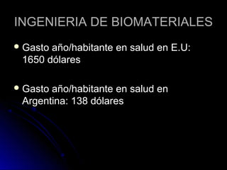 INGENIERIA DDEE BBIIOOMMAATTEERRIIAALLEESS 
GGaassttoo aaññoo//hhaabbiittaannttee eenn ssaalluudd eenn EE..UU:: 
11665500 ddóóllaarreess 
GGaassttoo aaññoo//hhaabbiittaannttee eenn ssaalluudd eenn 
AArrggeennttiinnaa:: 113388 ddóóllaarreess 
 
