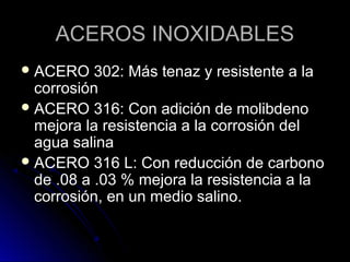 AACCEERROOSS IINNOOXXIIDDAABBLLEESS 
AACCEERROO 330022:: MMááss tteennaazz yy rreessiisstteennttee aa llaa 
ccoorrrroossiióónn 
AACCEERROO 331166:: CCoonn aaddiicciióónn ddee mmoolliibbddeennoo 
mmeejjoorraa llaa rreessiisstteenncciiaa aa llaa ccoorrrroossiióónn ddeell 
aagguuaa ssaalliinnaa 
AACCEERROO 331166 LL:: CCoonn rreedduucccciióónn ddee ccaarrbboonnoo 
ddee ..0088 aa ..0033 %% mmeejjoorraa llaa rreessiisstteenncciiaa aa llaa 
ccoorrrroossiióónn, eenn uunn mmeeddiioo ssaalliinnoo.. 
 