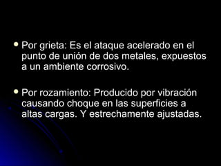 Por grieta: Es el ataque aacceelleerraaddoo eenn eell 
ppuunnttoo ddee uunniióónn ddee ddooss mmeettaalleess,, eexxppuueessttooss 
aa uunn aammbbiieennttee ccoorrrroossiivvoo.. 
PPoorr rroozzaammiieennttoo:: PPrroodduucciiddoo ppoorr vviibbrraacciióónn 
ccaauussaannddoo cchhooqquuee eenn llaass ssuuppeerrffiicciieess aa 
aallttaass ccaarrggaass.. YY eessttrreecchhaammeennttee aajjuussttaaddaass.. 
 