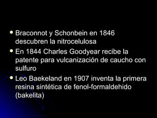 BBrraaccoonnnnoott yy SScchhoonnbbeeiinn eenn 1184466 
ddeessccuubbrreenn llaa nniittrroocceelluulloossaa 
EEnn 1184444 CChhaarrlleess GGooooddyyeeaarr rreecciibbee llaa 
ppaatteennttee ppaarraa vvuullccaanniizzaacciióónn ddee ccaauucchhoo ccoonn 
ssuullffuurroo 
LLeeoo BBaaeekkeellaanndd eenn 11990077 iinnvveennttaa llaa pprriimmeerraa 
rreessiinnaa ssiinnttééttiiccaa ddee ffeennooll--ffoorrmmaallddeehhiiddoo 
((bbaakkeelliittaa)) 
 