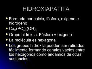HHIIDDRROOXXIIAAPPAATTIITTAA 
FFoorrmmaaddaa ppoorr ccaallcciioo,, ffóóssffoorroo,, ooxxiiggeennoo ee 
hhiiddrróóggeennoo 
CCaa1100 ((PPOO44))66 ((OOHH))22++ 
GGrruuppoo hhiiddrrooxxiillaa:: FFóóssffoorroo ++ ooxxiiggeennoo 
LLaa mmoollééccuullaa eess hheexxaaggoonnaall 
LLooss ggrruuppooss hhiiddrrooxxiillaa ppuueeddeenn sseerr rreettiirraaddooss 
ffáácciillmmeennttee ffoorrmmaannddoo ccaannaalleess vvaaccííooss eennttrree 
llooss hheexxáággoonnooss ccoommoo aannddaammiiooss ddee oottrraass 
ssuussttaanncciiaass 
 