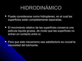 HHIIDDRROODDIINNÁÁMMIICCOO 
 PPuueeddee ccoonnssiiddeerraarrssee ccoommoo hhiiddrrooppllaanneeoo,, eenn eell ccuuaall llaass 
ssuuppeerrffiicciieess eessttáánn ccoommpplleettaammeennttee sseeppaarraaddaass.. 
 EEll mmoovviimmiieennttoo rreellaattiivvoo ddee llaass ssuuppeerrffiicciieess ccoonnsseerrvvaa uunnaa 
ppeellííccuullaa lliiqquuiiddaa ggrruueessaa,, ddee mmooddoo qquuee llaass ssuuppeerrffiicciieess nnoo 
eennttrraann eenn ccoonnttaaccttoo eennttrree ssíí.. 
 PPaarraa qquuee eessttee mmeeccaanniissmmoo sseeaa ssaattiissffaaccttoorriioo eess ccrruucciiaall llaa 
vviissccoossiiddaadd ddeell lluubbrriiccaannttee.. 
 