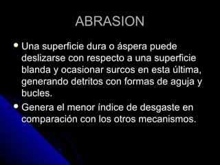 AABBRRAASSIIOONN 
UUnnaa ssuuppeerrffiicciiee dduurraa oo áássppeerraa ppuueeddee 
ddeesslliizzaarrssee ccoonn rreessppeeccttoo aa uunnaa ssuuppeerrffiicciiee 
bbllaannddaa yy ooccaassiioonnaarr ssuurrccooss eenn eessttaa úúllttiimmaa,, 
ggeenneerraannddoo ddeettrriittooss ccoonn ffoorrmmaass ddee aagguujjaa yy 
bbuucclleess.. 
GGeenneerraa eell mmeennoorr íínnddiiccee ddee ddeessggaassttee eenn 
ccoommppaarraacciióónn ccoonn llooss oottrrooss mmeeccaanniissmmooss.. 
 