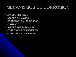 MMEECCAANNIISSMMOOSS DDEE CCOORRRROOSSIIÓÓNN 
 AATTAAQQUUEE UUNNIIFFOORRMMEE 
 AATTAAQQUUEE GGAALLVVAANNIICCOO 
 CCOORRRROOSSIIOONN EENN LLAASS FFIISSUURRAASS 
 PPUUNNTTEEAADDOO 
 AATTAAQQUUEE IINNTTEERRGGRRAANNUULLAARR 
 CCOORRRROOSSIIOONN PPOORR EESSFFUUEERRZZOO 
 CCOORRRROOSSIIOONN PPOORR CCAALLAADDOO 
 
