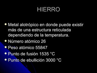 HHIIEERRRROO 
MMeettaall aalloottrróóppiiccoo eenn ddoonnddee ppuueeddee eexxiissttiirr 
mmááss ddee uunnaa eessttrruuccttuurraa rreettiiccuullaaddaa 
ddeeppeennddiieennddoo ddee llaa tteemmppeerraattuurraa.. 
NNúúmmeerroo aattóómmiiccoo 2266 
PPeessoo aattóómmiiccoo 5555884477 
PPuunnttoo ddee ffuussiióónn 11553355 °°CC 
PPuunnttoo ddee eebbuulllliicciióónn 33000000 °°CC 
 