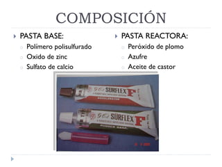 COMPOSICIÓN
 PASTA BASE:
o Polímero polisulfurado
o Oxido de zinc
o Sulfato de calcio
 PASTA REACTORA:
o Peróxido de plomo
o Azufre
o Aceite de castor
 
