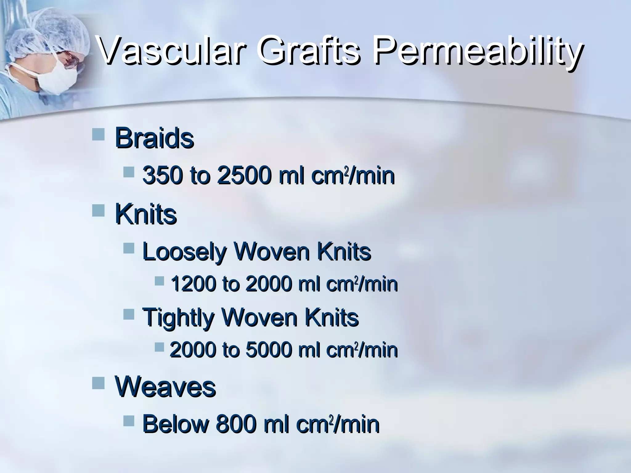 Vascular Grafts PermeabilityVascular Grafts Permeability
 BraidsBraids
 350 to 2500 ml cm350 to 2500 ml cm22
/min/min
 KnitsKnits
 Loosely Woven KnitsLoosely Woven Knits
 1200 to 2000 ml cm1200 to 2000 ml cm22
/min/min
 Tightly Woven KnitsTightly Woven Knits
 2000 to 5000 ml cm2000 to 5000 ml cm22
/min/min
 WeavesWeaves
 Below 800 ml cmBelow 800 ml cm22
/min/min
 