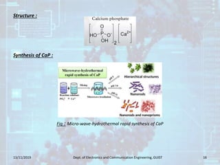 Structure :
Synthesis of CaP :
13/11/2019 Dept. of Electronics and Communication Engineering, GUIST 16
Fig : Micro-wave-hydrothermal rapid synthesis of CaP
 