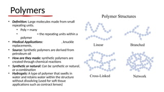 Polymers
• Definition: Large molecules made from small
repeating units.
• Poly = many
• = the repeating units within a
polymer
• Medical Applications: , knuckle
replacements,
• Source: Synthetic polymers are derived from
petroleum oil
• How are they made: synthetic polymers are
created through chemical reactions
• Synthetic or natural: Can be synthetic or natural,
or a combination
• Hydrogels: A type of polymer that swells in
water and retains water within the structure
without dissolving (used for soft tissue
applications such as contract lenses)
 