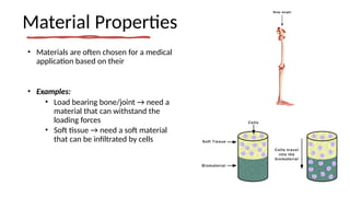 Material Properties
• Materials are often chosen for a medical
application based on their
• Examples:
• Load bearing bone/joint → need a
material that can withstand the
loading forces
• Soft tissue → need a soft material
that can be infiltrated by cells
 