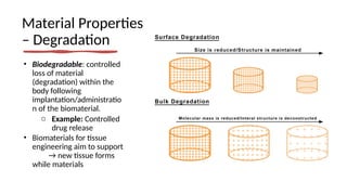 Material Properties
– Degradation
• Biodegradable: controlled
loss of material
(degradation) within the
body following
implantation/administratio
n of the biomaterial.
o Example: Controlled
drug release
• Biomaterials for tissue
engineering aim to support
→ new tissue forms
while materials
 