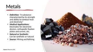Metals
• Definition: “A substance
characterized by its strength
and ability to conduct heat
and electricity”
• Medical Applications:
Electrodes for electronic
devices, orthopedic fixation
plates and screws, etc.
• Natural or Synthetic:
Can be synthetic or natural
• Source: Mining and Refining
Source: Britannica Kids
 