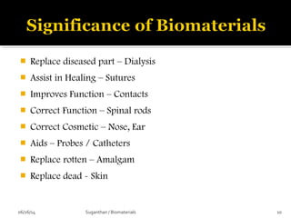  Replace diseased part – Dialysis
 Assist in Healing – Sutures
 Improves Function – Contacts
 Correct Function – Spinal rods
 Correct Cosmetic – Nose, Ear
 Aids – Probes / Catheters
 Replace rotten – Amalgam
 Replace dead - Skin
06/26/14 10Suganthan / Biomaterials
 