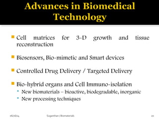  Cell matrices for 3-D growth and tissue
reconstruction
 Biosensors, Bio-mimetic and Smart devices
 Controlled Drug Delivery / Targeted Delivery
 Bio-hybrid organs and Cell Immuno-isolation
 New biomaterials – bioactive, biodegradable, inorganic
 New processing techniques
06/26/14 20Suganthan / Biomaterials
 