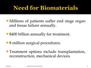  Millions of patients suffer end stage organ
and tissue failure annually.
 $400 billion annually for treatment.
 8 million surgical procedures.
 Treatment options include transplantation,
reconstruction, mechanical devices.
06/26/14 6Suganthan / Biomaterials
 