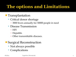  Transplantation
 Critical donor shortage
▪ 3000 livers annually for 30000 people in need
 Disease Transmission
▪ HIV
▪ Hepatitis
▪ Other transmittable diseases.
 Surgical Reconstruction
 Not always possible
 Complications
06/26/14 7Suganthan / Biomaterials
 