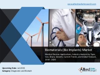 v
Biomaterials (Bio Implants) Market
Medical Devices Applications, Industry Analysis by Type,
Size, Share, Growth, Current Trends, and Global Forecast,
2014 - 2020
www.alliedmarketresearch.com
Upcoming Date: Jul-2015
Category: Diagnostic and Biotech
 