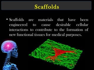 Scaffolds
• Scaffolds are materials that have been
engineered to cause desirable cellular
interactions to contribute to the formation of
new functional tissues for medical purposes.
 