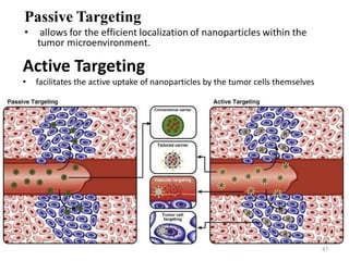 Active Targeting
• facilitates the active uptake of nanoparticles by the tumor cells themselves
47
 