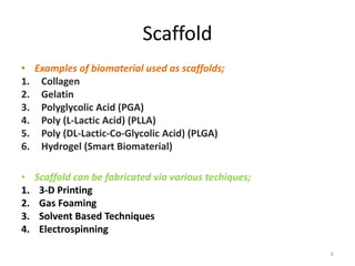 Scaffold
• Examples of biomaterial used as scaffolds;
1. Collagen
2. Gelatin
3. Polyglycolic Acid (PGA)
4. Poly (L-Lactic Acid) (PLLA)
5. Poly (DL-Lactic-Co-Glycolic Acid) (PLGA)
6. Hydrogel (Smart Biomaterial)
• Scaffold can be fabricated via various techiques;
1. 3-D Printing
2. Gas Foaming
3. Solvent Based Techniques
4. Electrospinning
6
 