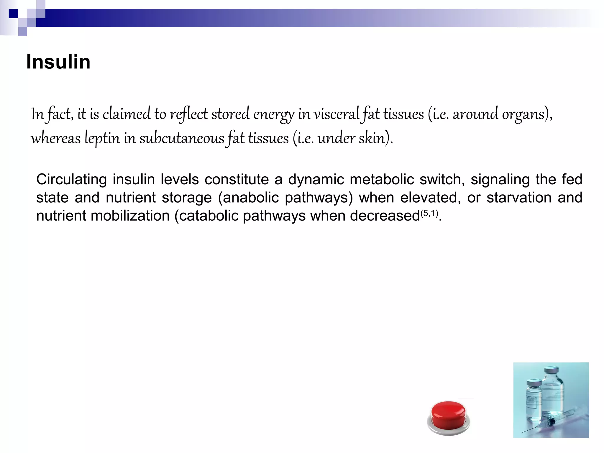 Insulin
In fact, it is claimed to reflect stored energy in visceral fat tissues (i.e. around organs),
whereas leptin in subcutaneous fat tissues (i.e. under skin).
Circulating insulin levels constitute a dynamic metabolic switch, signaling the fed
state and nutrient storage (anabolic pathways) when elevated, or starvation and
nutrient mobilization (catabolic pathways when decreased(5,1)
.
 