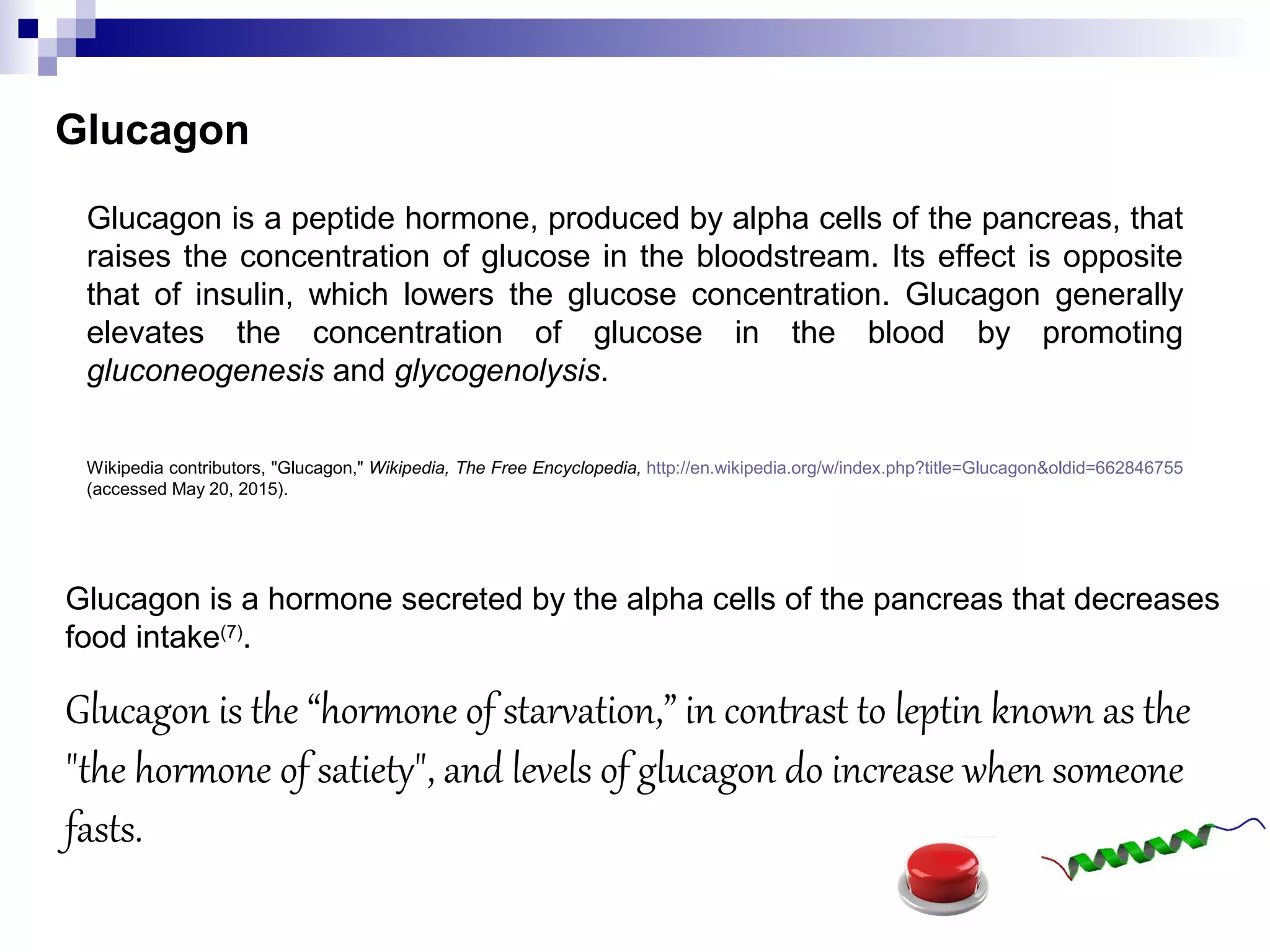 Glucagon
Glucagon is a peptide hormone, produced by alpha cells of the pancreas, that
raises the concentration of glucose in the bloodstream. Its effect is opposite
that of insulin, which lowers the glucose concentration. Glucagon generally
elevates the concentration of glucose in the blood by promoting
gluconeogenesis and glycogenolysis.
Wikipedia contributors, "Glucagon," Wikipedia, The Free Encyclopedia, http://en.wikipedia.org/w/index.php?title=Glucagon&oldid=662846755
(accessed May 20, 2015).
Glucagon is a hormone secreted by the alpha cells of the pancreas that decreases
food intake(7)
.
Glucagon is the “hormone of starvation,” in contrast to leptin known as the
"the hormone of satiety", and levels of glucagon do increase when someone
fasts.
 