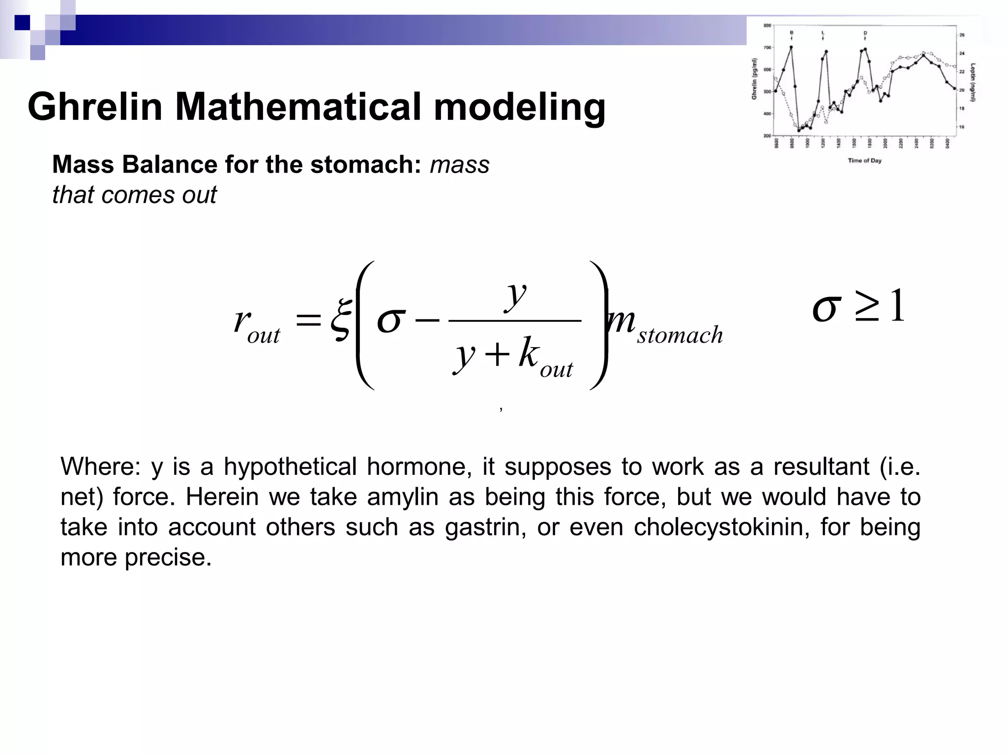 Ghrelin Mathematical modeling
Mass Balance for the stomach: mass
that comes out
stomach
out
out m
ky
y
r 





+
−= σξ 1≥σ
,
Where: y is a hypothetical hormone, it supposes to work as a resultant (i.e.
net) force. Herein we take amylin as being this force, but we would have to
take into account others such as gastrin, or even cholecystokinin, for being
more precise.
 