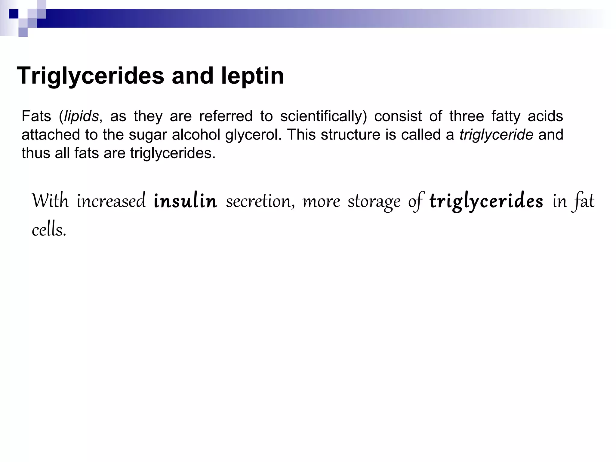 Triglycerides and leptin
Fats (lipids, as they are referred to scientifically) consist of three fatty acids
attached to the sugar alcohol glycerol. This structure is called a triglyceride and
thus all fats are triglycerides.
With increased insulin secretion, more storage of triglycerides in fat
cells.
 