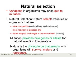 102Copyright © 2006-2011 Marshall Cavendish International (Singapore) Pte. Ltd.
Natural selection
• Variations in organisms may arise due to
mutation.
• Natural Selection: Nature selects varieties of
organisms that are
– more competitive (availability of food and mates)
– more resistant to diseases and
– better adapted to changes in the environment (climate)
Mutation provides new genes or alleles for
natural selection to operate on.
Nature is the driving force that selects which
organisms will survive, mature and
reproduce.
 