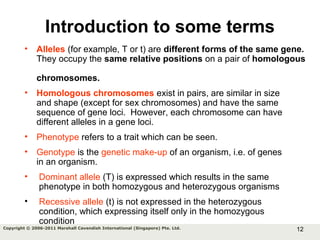 12Copyright © 2006-2011 Marshall Cavendish International (Singapore) Pte. Ltd.
• Alleles (for example, T or t) are different forms of the same gene.
They occupy the same relative positions on a pair of homologous
chromosomes.
• Homologous chromosomes exist in pairs, are similar in size
and shape (except for sex chromosomes) and have the same
sequence of gene loci. However, each chromosome can have
different alleles in a gene loci.
• Phenotype refers to a trait which can be seen.
• Genotype is the genetic make-up of an organism, i.e. of genes
in an organism.
• Dominant allele (T) is expressed which results in the same
phenotype in both homozygous and heterozygous organisms
• Recessive allele (t) is not expressed in the heterozygous
condition, which expressing itself only in the homozygous
condition
Introduction to some terms
 