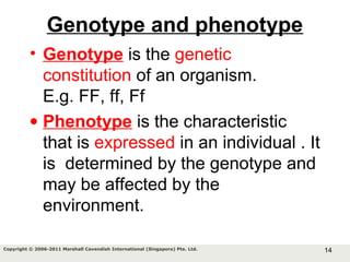 14Copyright © 2006-2011 Marshall Cavendish International (Singapore) Pte. Ltd.
Genotype and phenotype
• Genotype is the genetic
constitution of an organism.
E.g. FF, ff, Ff
• Phenotype is the characteristic
that is expressed in an individual . It
is determined by the genotype and
may be affected by the
environment.
 