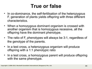 44Copyright © 2006-2011 Marshall Cavendish International (Singapore) Pte. Ltd.
True or false
• In co-dominance, the self-fertilisation of the heterozygous
F1 generation of plants yields offspring with three different
characteristics.
• When a homozygous dominant organism is crossed with
another organism that is homozygous recessive, all the
offspring have the dominant phenotype.
• The ratio of F2 phenotypes will always be 3:1, regardless of
the genotype of the parents.
• In a test cross, a heterozygous organism will produce
offspring with a 1:1 phenotypic ratio
• In a test cross, a homozygous parent will produce offspring
with the same phenotype.
 
