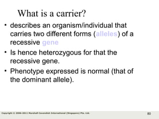 80Copyright © 2006-2011 Marshall Cavendish International (Singapore) Pte. Ltd.
What is a carrier?
• describes an organism/individual that
carries two different forms (alleles) of a
recessive gene
• Is hence heterozygous for that the
recessive gene.
• Phenotype expressed is normal (that of
the dominant allele).
 