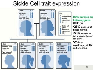 82Copyright © 2006-2011 Marshall Cavendish International (Singapore) Pte. Ltd.
Sickle Cell trait expression
Both parents are
heterozygotes
Children:
•25% chance of
being normal
•50% chance of
being carrier (sickle
cell trait)
•25% of
developing sickle
cell anaemia.
 