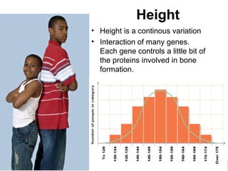 98Copyright © 2006-2011 Marshall Cavendish International (Singapore) Pte. Ltd.
Height
• Height is a continous variation
• Interaction of many genes.
Each gene controls a little bit of
the proteins involved in bone
formation.
 