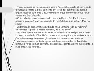 --Todos os anos os rios carregam para o Pantanal cerca de 50 milhões de
toneladas de terra e areia. Somente um terço dos sedimentos deixa a
região, fazendo com que o acúmulo de resíduos altere o leito dos rios e
aumente a área alagada.
--O litoral está quase todo voltado para o Atlântico Sul. Porém, uma
pequena parcela (no extremo norte do país) debruça-se sobre o Mar do
Caribe.
--A densidade demográfica média da Zona Costeira é de 87 hab/km²,
cinco vezes superior à média nacional, de 17 hab/km².
--As tartarugas marinhas estão entre os animais mais antigos do planeta.
Existem há mais de 150 milhões de anos e conseguiram sobreviver a todas
as mudanças registradas no globo terrestre durante esse período.
--As cinco espécies de tartarugas marinhas encontradas no Brasil são:
tartaruga verde (a mais comum), a cabeçuda, a pente, a oliva e a gigante (a
mais ameaçada no país).
 