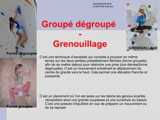 Groupé dégroupé
-
Grenouillage
C’est une technique d’escalade qui consiste à pousser en même
temps sur les deux jambes préalablement fléchies (forme groupée)
afin de se mettre debout pour atteindre une prise plus élevée(forme
dégroupée). C’est un mouvement entraînant le déplacement du
centre de gravité vers le haut. Cela permet une élévation franche et
puissante.
C’est un placement où l’on est assis sur les talons les genoux écartés,
nécessitant ainsi une grande souplesse et une ouverture du bassin.
C’est une posture d’équilibre en vue de préparer un mouvement ou
de se reposer
Forme dégroupée
DUCHANOIS Willy
CHAPPUIS Clément
GRENOUILLAGE
Forme groupée
 